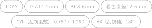 1DAY/DIA14.2mm/BC8.6mm/着色直径12.6mm/CYL（乱視度数）-0.75D / -1.25D/AX（乱視軸）180°